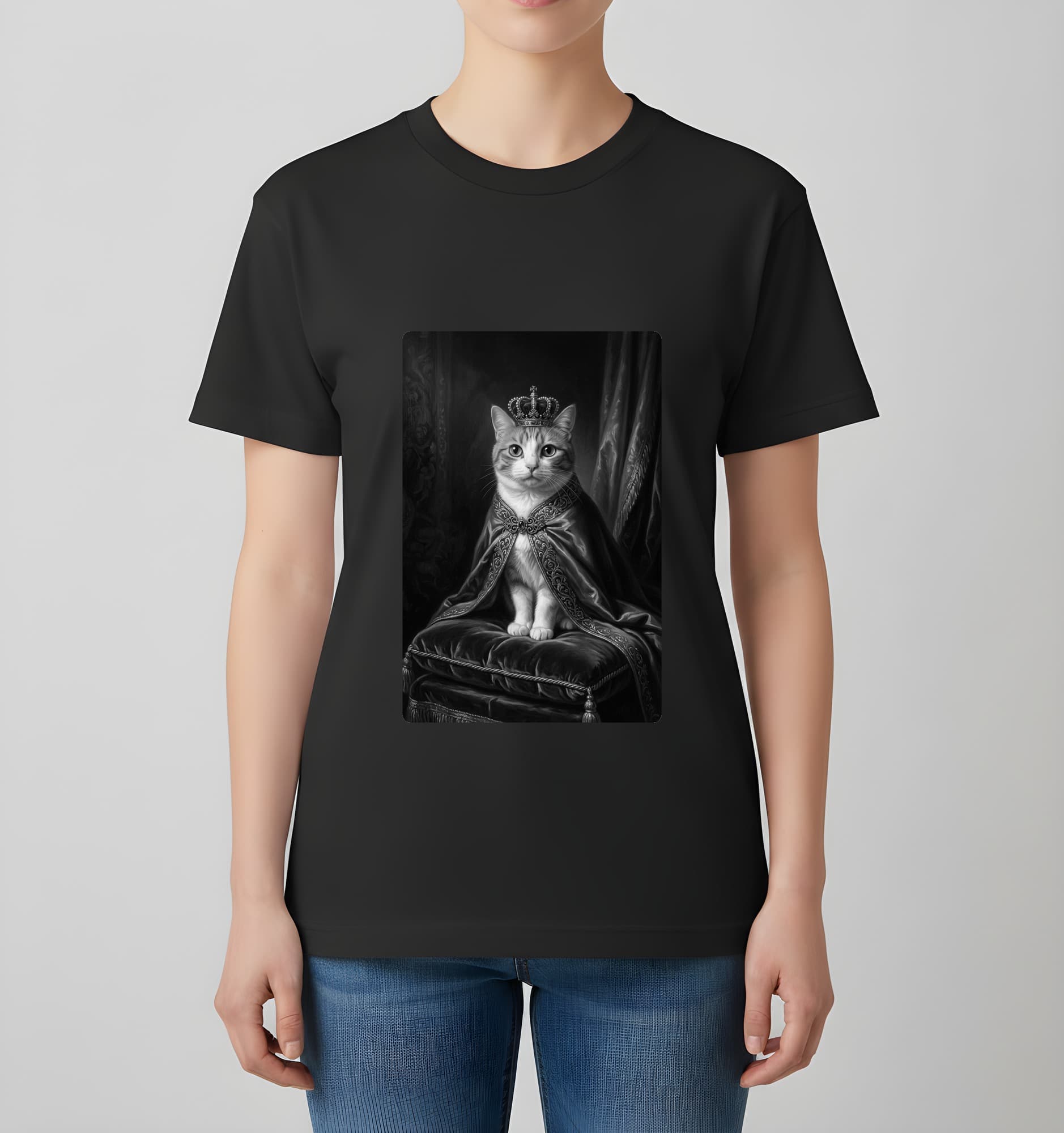 マンチカンのルネサンス肖像画Tシャツ(ブラック・モノクロプリント・額縁なし) 4