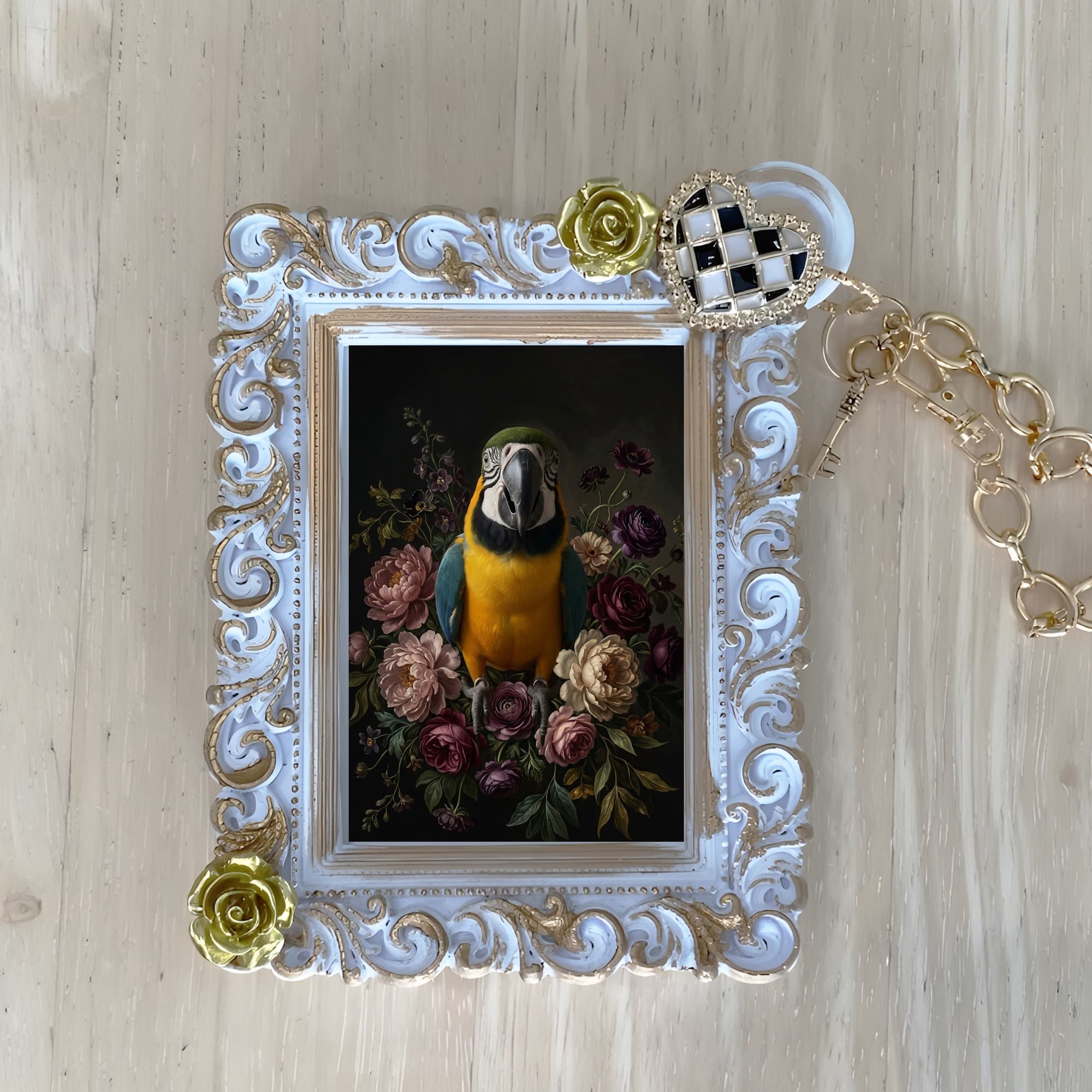 ルリコンゴウインコの花の油絵風アート花柄バッグチャーム(ホワイト)