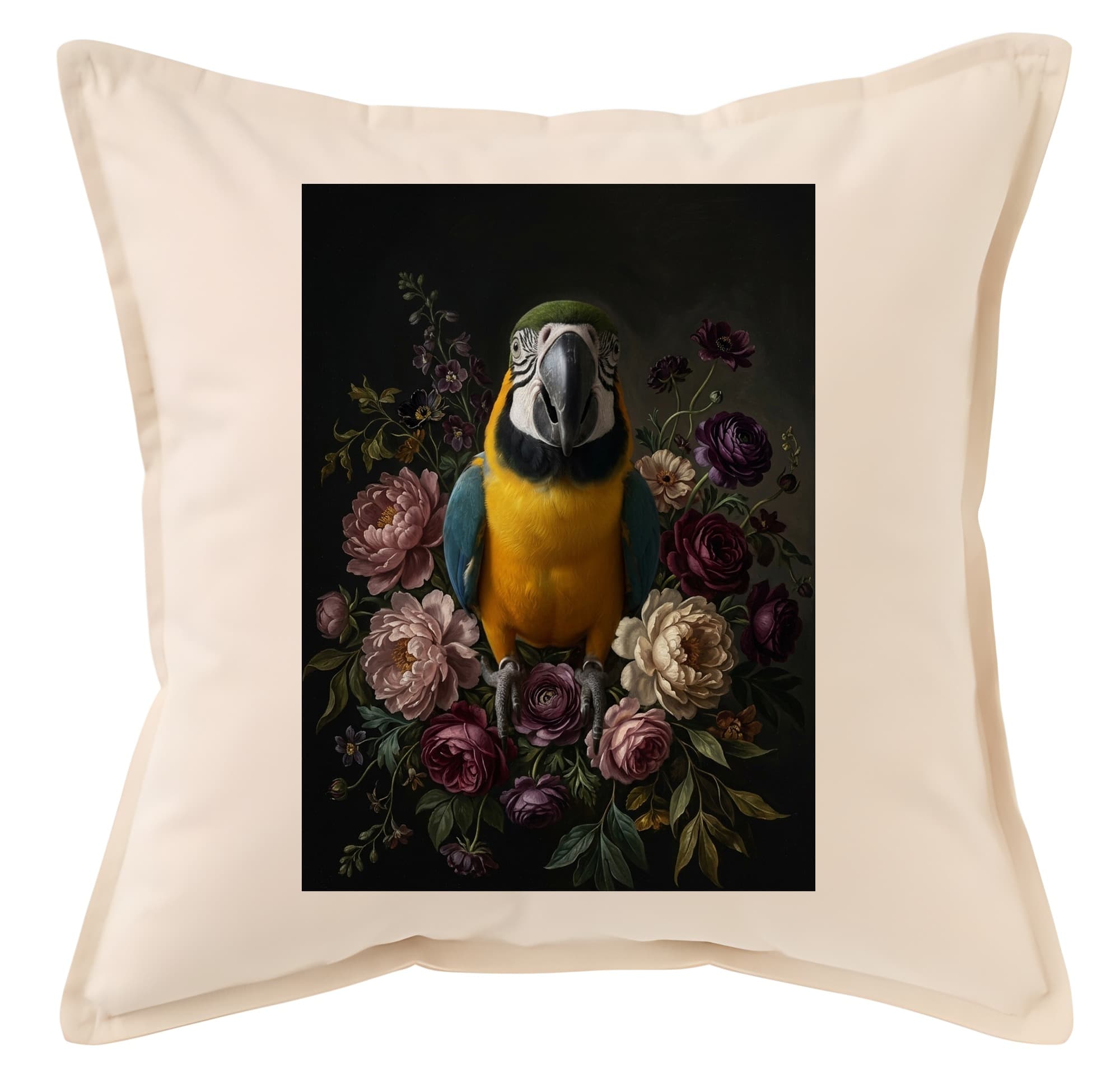 ルリコンゴウインコの花の油絵風アート花柄クッション