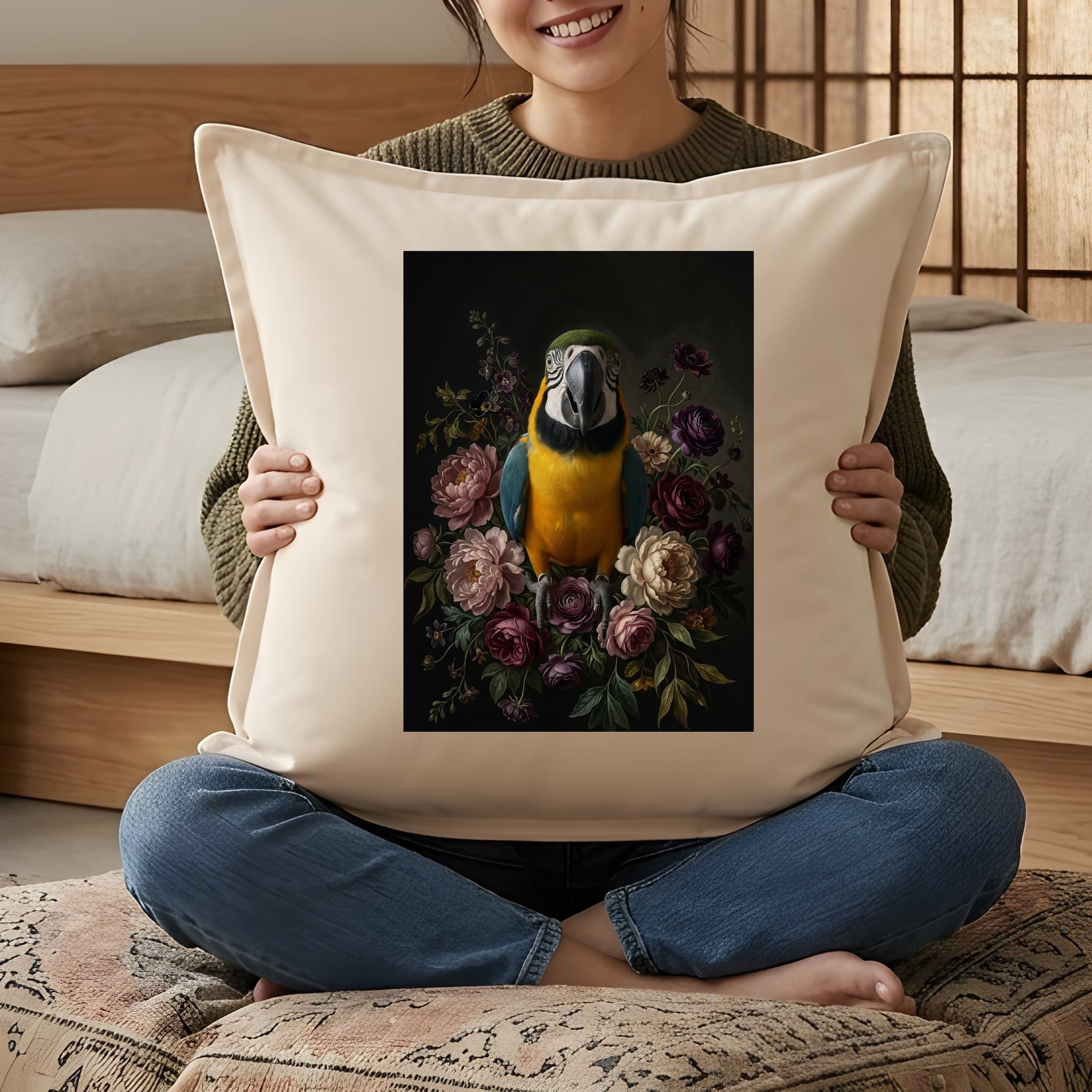 ルリコンゴウインコの花の油絵風アート花柄クッション 3