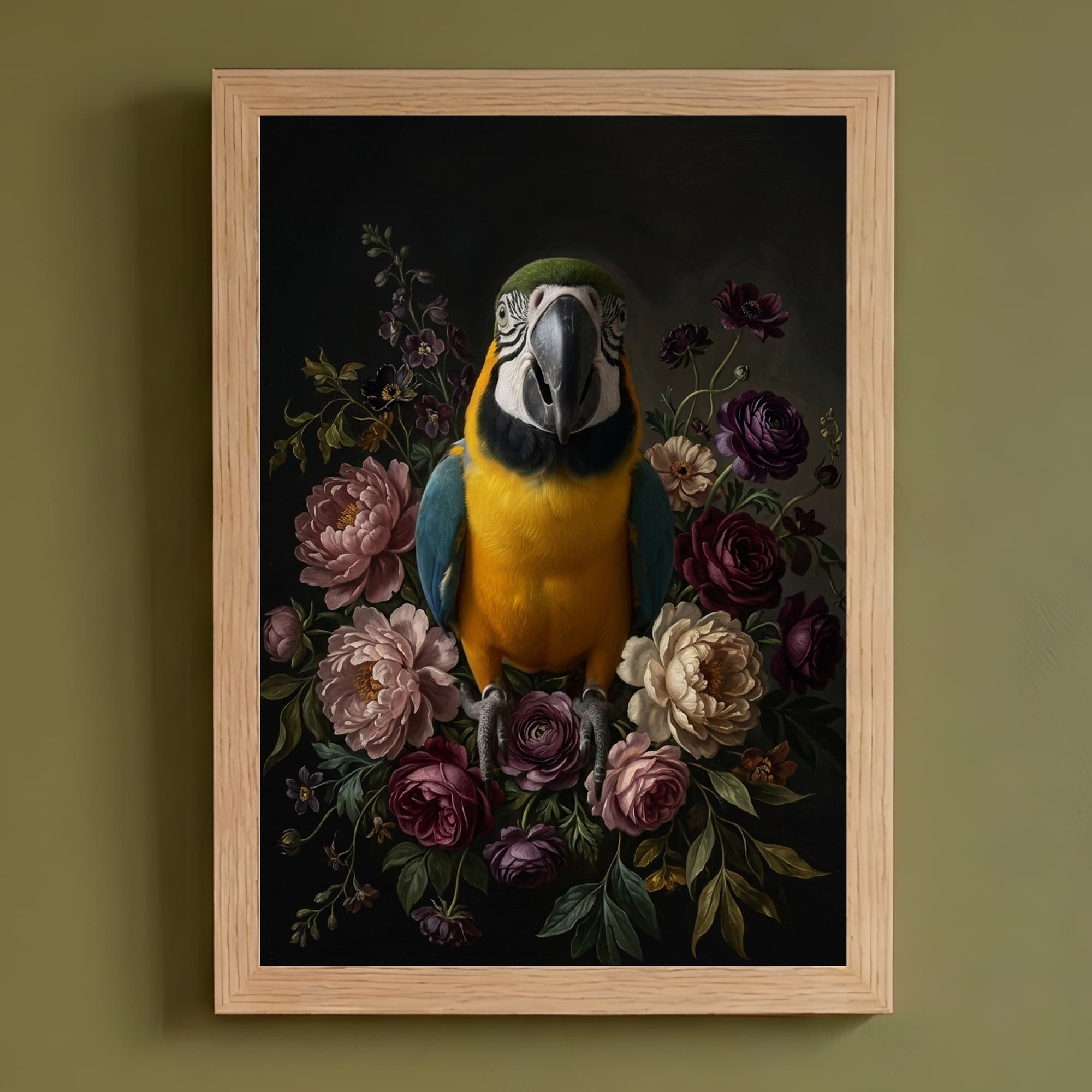 Blue-and-yellow Macaw Floral Oil-Painting Floral Framed Art Print (A4)