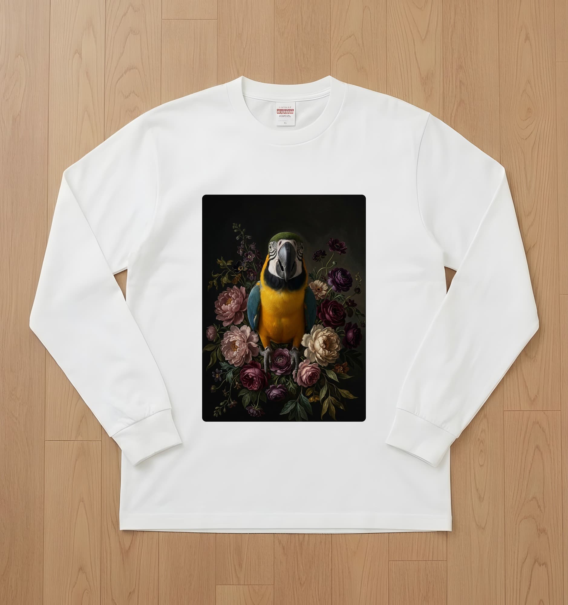 ルリコンゴウインコの花の油絵風アート花柄長袖Tシャツ(ホワイト)