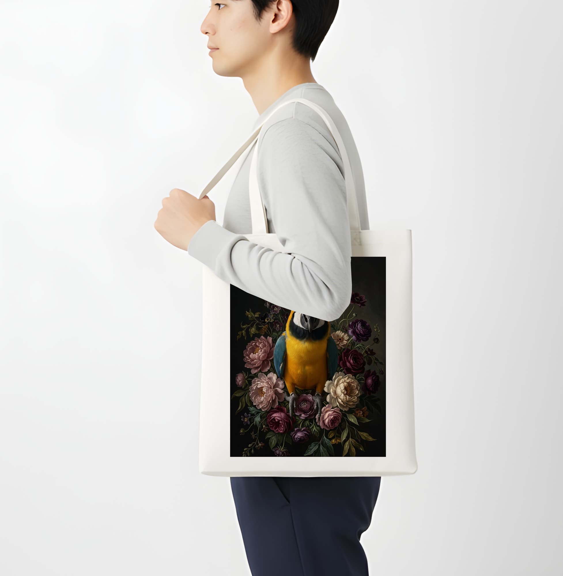 Blue-and-yellow Macaw Floral Oil-Painting Floral Tote Bag 4