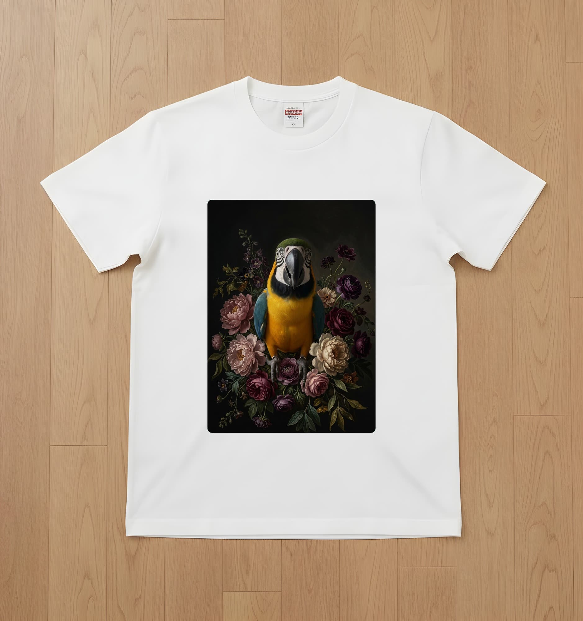 ルリコンゴウインコの花の油絵風アート花柄Tシャツ(ホワイト)