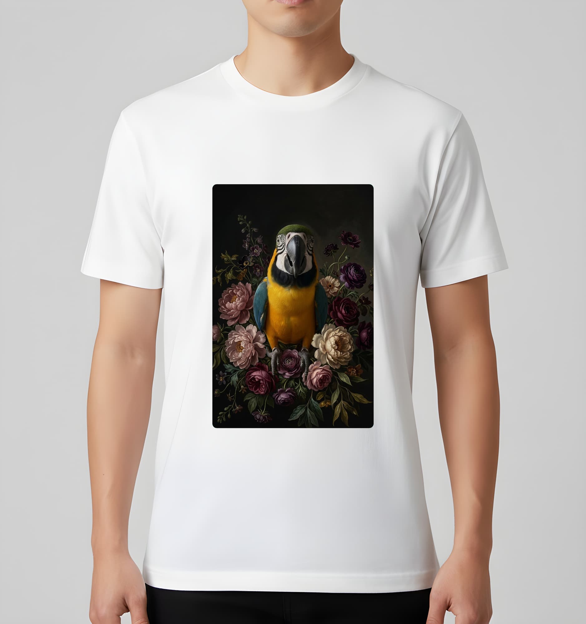 ルリコンゴウインコの花の油絵風アート花柄Tシャツ(ホワイト) 3