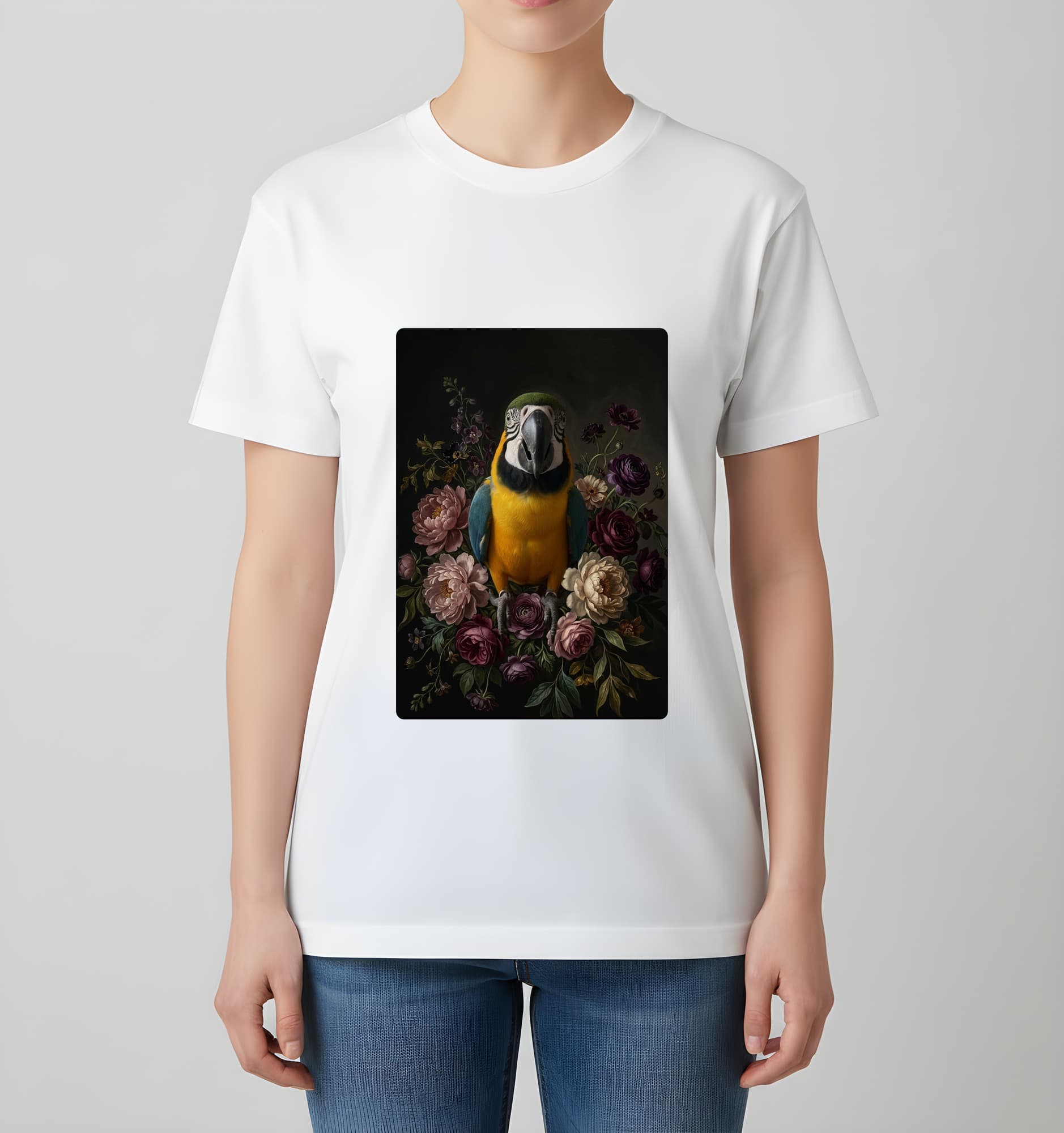 ルリコンゴウインコの花の油絵風アート花柄Tシャツ(ホワイト) 4