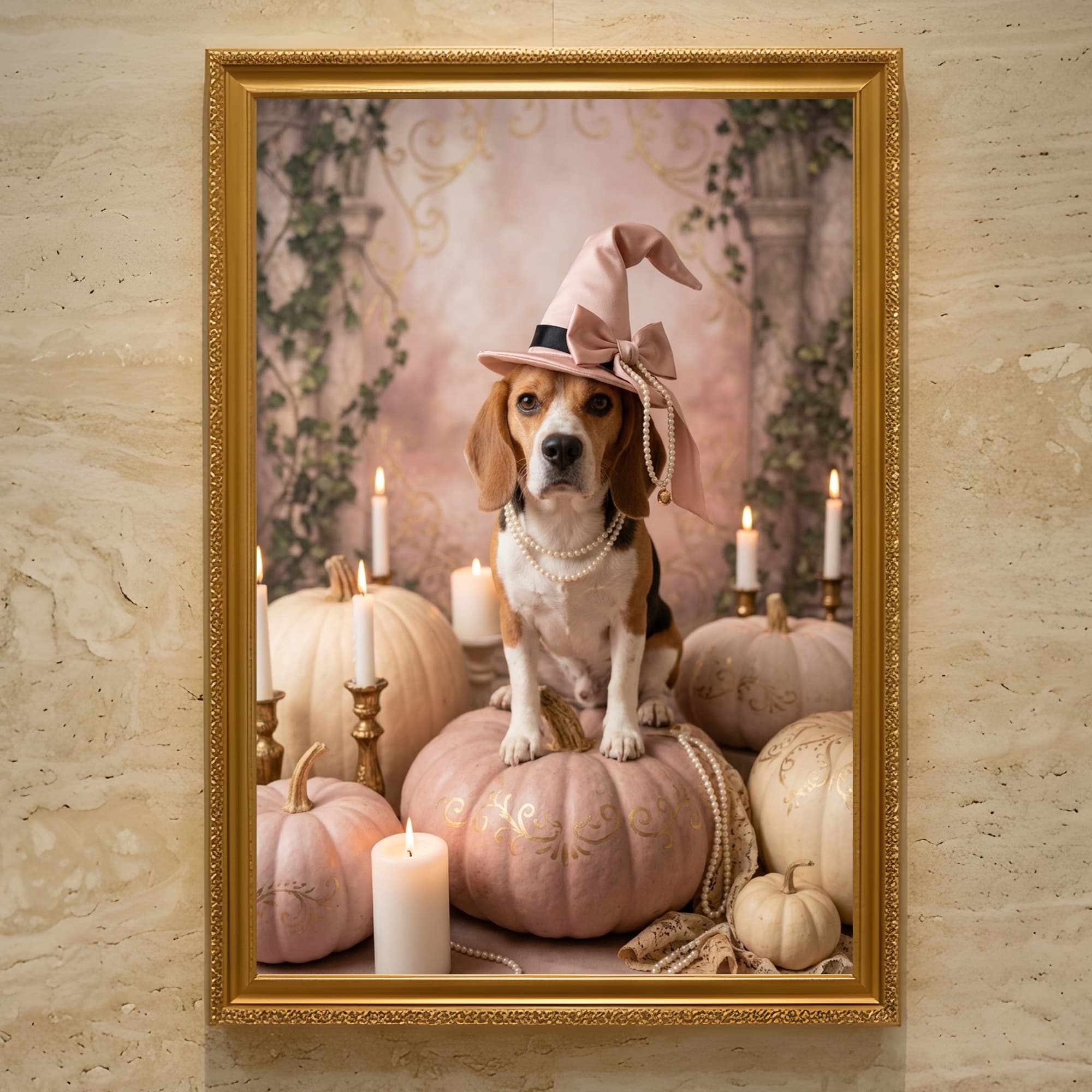 beagle Pumpkin & Candlelight Oil-Painting Halloween Framed Art Print (A3)