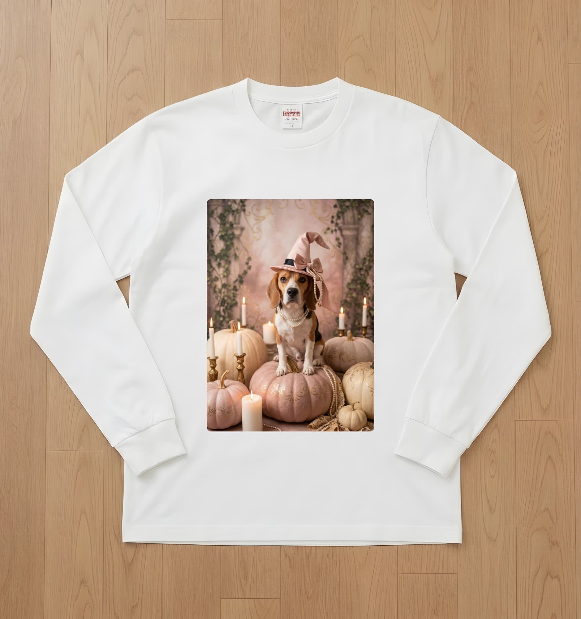ビーグルのかぼちゃとキャンドルの油絵風アートハロウィン長袖Tシャツ(ホワイト)